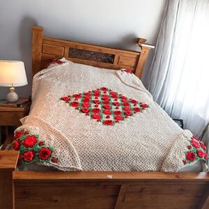 Vintage King Size Cottagecore Boho Square 3-D Roses Crocheted Afghan Blanket